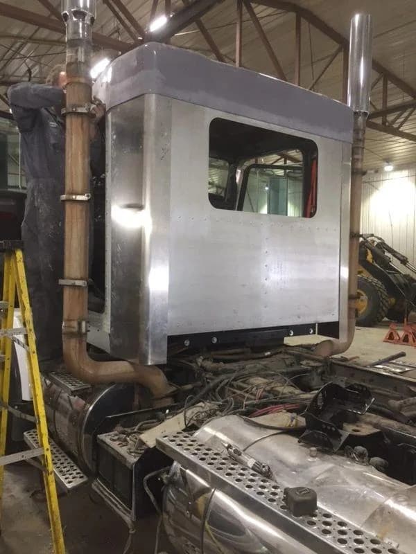Refinished truck cab, side view