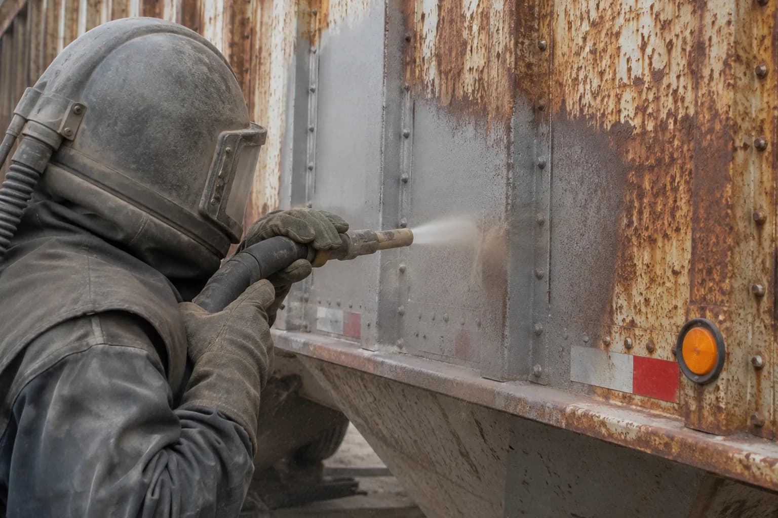 Sandblasting a steel surface down to bare metal