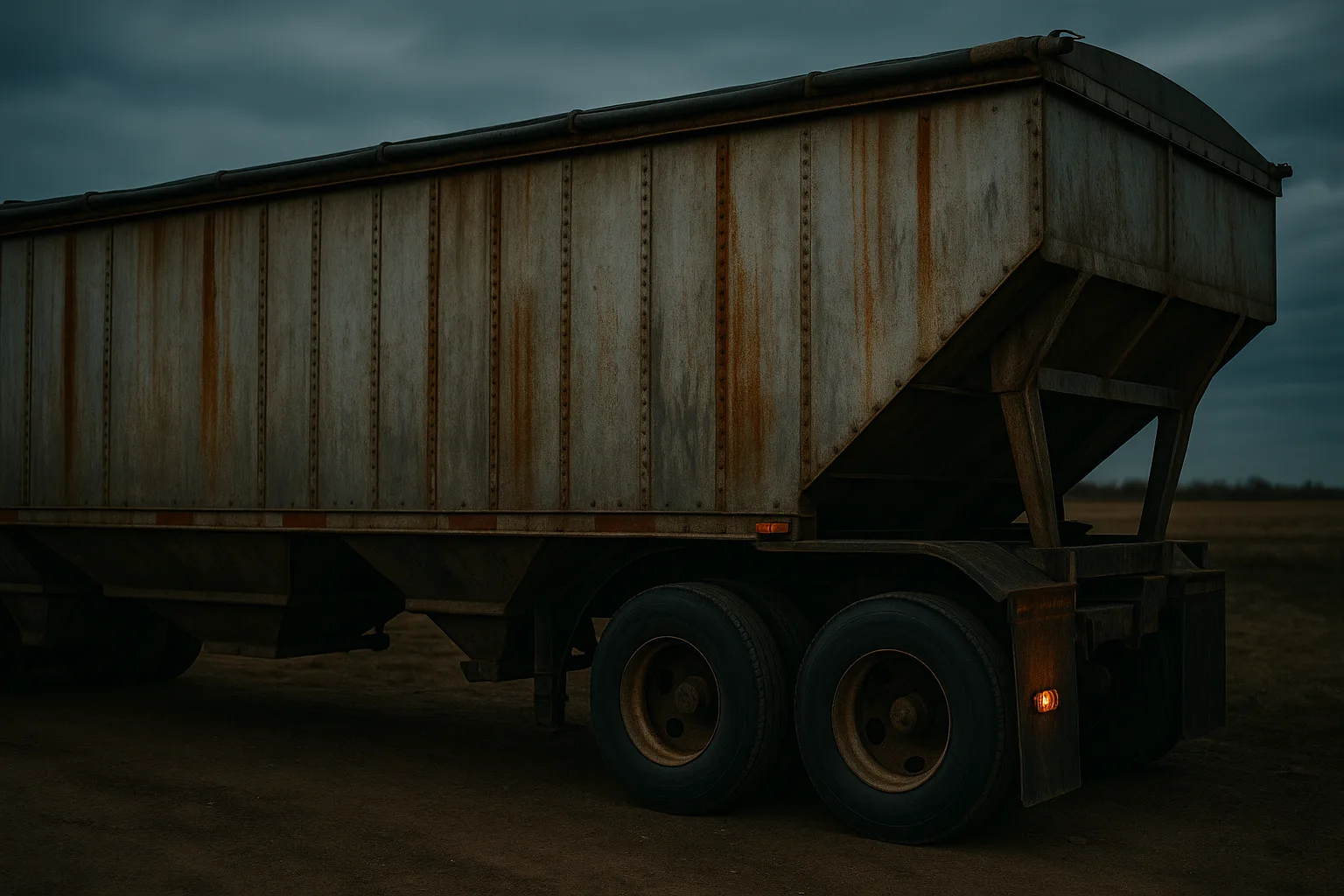 Aluminum grain trailer with heavy oxidation and surface rust before restoration
