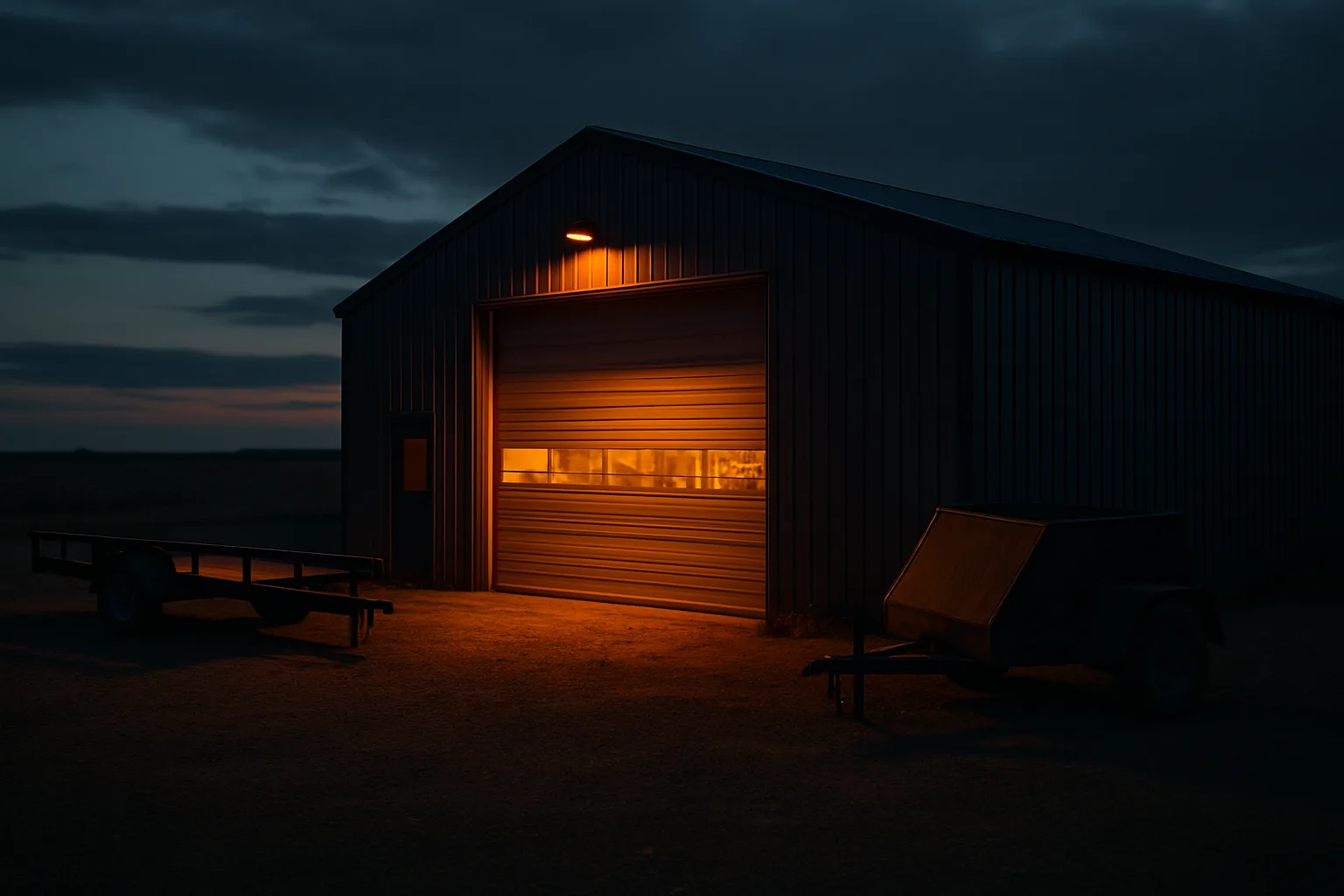 Metal-clad equipment repair shop with an open bay door at dusk