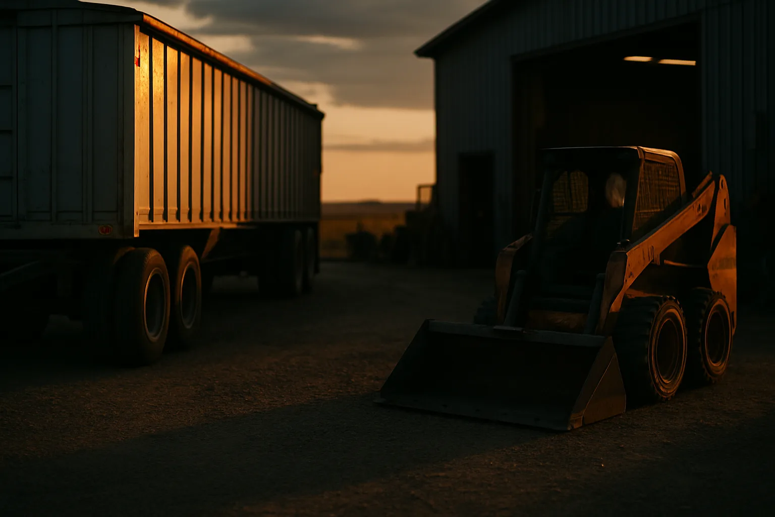 Gravel equipment yard with a grain trailer and skid steer at golden hour